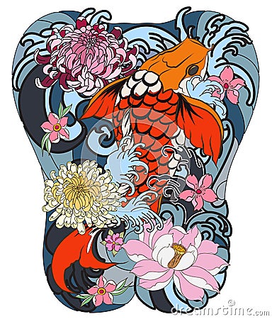 Koi fish with peony flower and wave tattoo,Japanese tattoo for Back body Vector Illustration