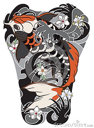 Koi fish with peony flower and wave tattoo,Japanese tattoo for Back body Vector Illustration