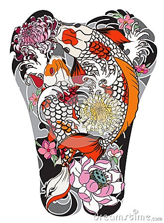 Koi fish with peony flower and wave tattoo,Japanese tattoo for Back body Vector Illustration