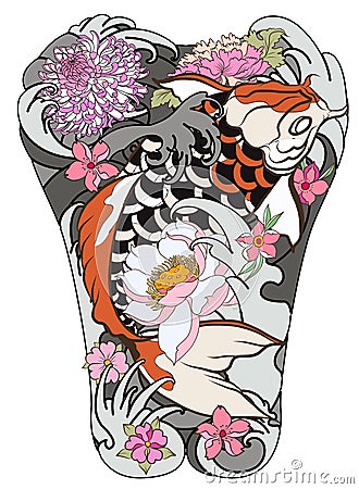 Koi fish with peony flower and wave tattoo,Japanese tattoo for Back body, Japanese carp line drawing coloring book vec Vector Illustration