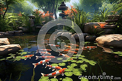 Koi fish in the pond in the garden. 3d render, AI Generated Stock Photo