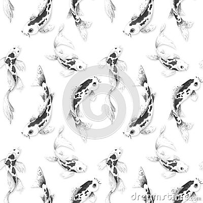 Koi fish seamless pattern. Traditional japanese koi carp pattern. Black and wite watercolor. Stock Photo
