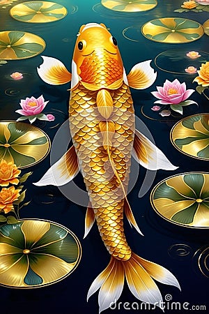 A koi fish with shimmering golden scales on a pond, golden tones, symbolized wealth, prosperity and abundance, fengshui, design Stock Photo