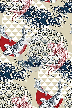 Koi fish wave water circles japanese chinese vector design pattern Stock Photo