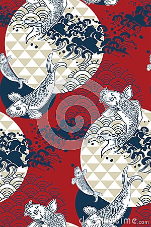 Koi fish wave water circles japanese chinese vector design pattern Stock Photo