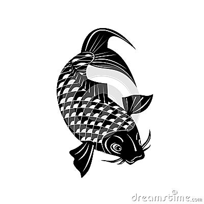 Koi Jinli or Nishikigoi Brocaded Carp a Colored Variety of the Amur Carp Swimming Down Retro Woodcut Black and White Vector Illustration