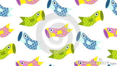 Koinobori carp streamer fish kites. Happy childrens day seamless pattern with fish. Vector background Vector Illustration