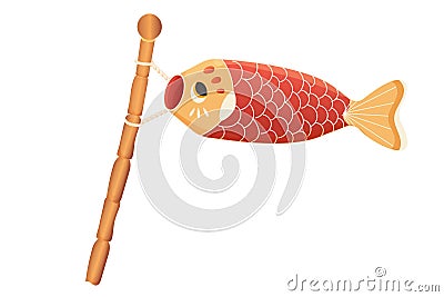 Koinobori Japanese fish flag on bamboo stick, traditional carp isolated on white background. Vector Illustration