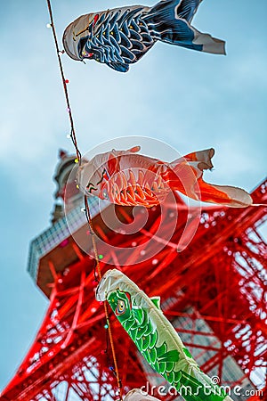 Koinobori at Tokyo Tower Editorial Stock Photo