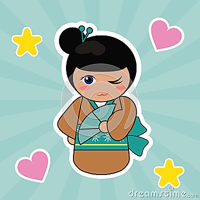 kokeshi doll cute hearts background Cartoon Illustration