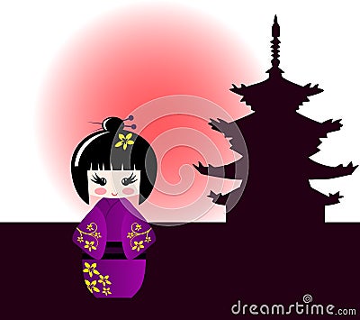 Kokeshi doll and japanese temple Vector Illustration