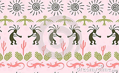 Kokopelli with flute, pangolin, hawk, sun symbol, hands and plant tribal vector seamless pattern. Vector Illustration