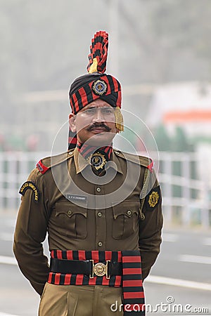 Kolkata Armed Police Officer preparing for taking part in the upcoming Indian Republic Day parade at Indira Gandhi Sarani, Kolkata Editorial Stock Photo