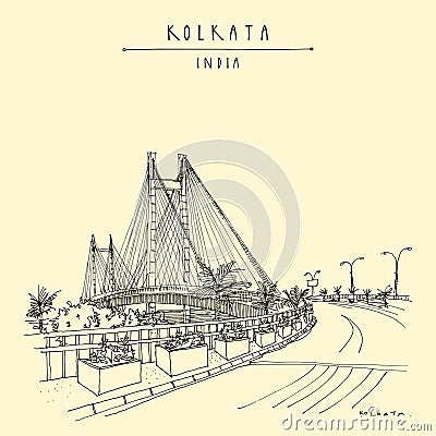 Vector Kolkata (Calcutta), India postcard. Vidyasagar Setu bridge artistic cityscape. West Bengal travel sketch Vector Illustration