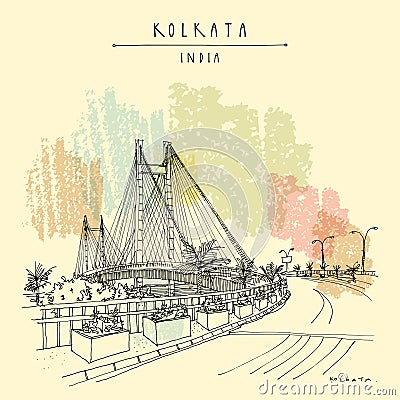 Vector Kolkata (Calcutta), India postcard. Vidyasagar Setu bridge artistic cityscape. West Bengal travel sketch Stock Photo