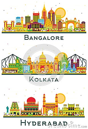 Kolkata, Hyderabad and Bangalore India City Skyline Set Stock Photo