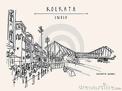 Kolkata, India. Howrah Junction Railway Station and Howrah Bridge. Hand drawn travel postcard Vector Illustration