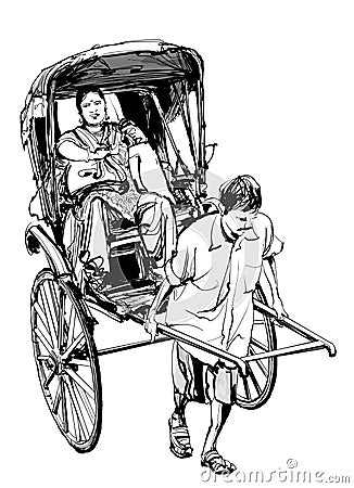 Kolkata, India - drawing a rickshaw with a passenger Vector Illustration