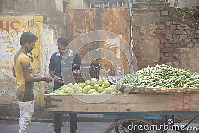 Local Indian vendor selling fresh assorted green vegetables in the van during lock down period in Editorial Stock Photo