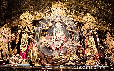 KOLKATA, INDIA - OCTOBER 7, 2016: Potrait Of Goddess Durga idol at a South Kolkata famous Durga puja temple pandal on Editorial Stock Photo