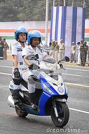 Kolkata Police Lady Officers with sooty preparing for taking part in the upcoming Indian Republic Day parade at Indira Gandhi Editorial Stock Photo