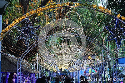 Colorful lighting decoration and crowd on Christmas time at Park Street, Allen Park, Kolkata. Editorial Stock Photo