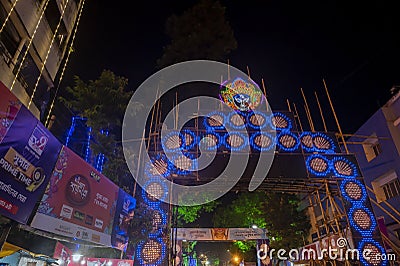 Kolkata, West Bengal, India - 12th October 2021 : Huge welcome gate for Bagbazar Durga Puja, UNESCO Intangible cultural heritage Editorial Stock Photo