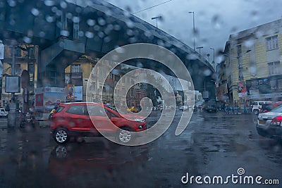 Monsoon abstract image of Kolkata traffic Editorial Stock Photo