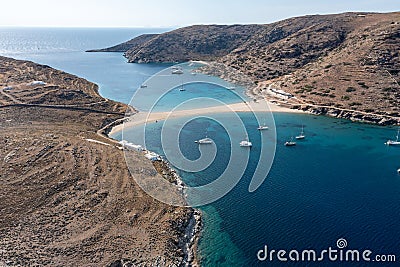 Kolona Fykiada double sided sandy beach, aerial drone view. Greece, Kithnos island, Cyclades Stock Photo