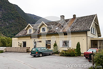 The Kolonialen Kafe a traditional coffee shop at the city center of Skjolden, Havhellefjorden, Norway Editorial Stock Photo