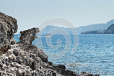 Kolymbia beach with the rocky coast and dragon head Stock Photo