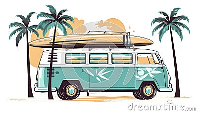 Kombi van with a surf board on top palm trees white background Generative AI Illustration Stock Photo