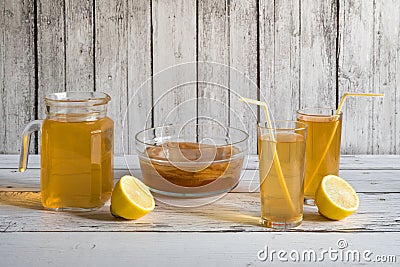 Kombucha fermenting tea with symbiotic culture Stock Photo