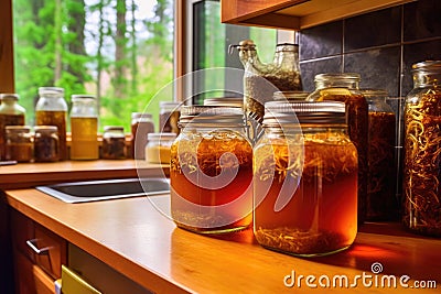 kombucha fermenting on wooden kitchen counter Stock Photo