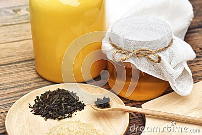 Kombucha tea, Healthy fermented food, Probiotic nutrition drink for good balance. Stock Photo