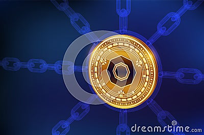 Komodo. Crypto currency. Block chain. 3D isometric Physical Komodo coin with wireframe chain. Blockchain concept. Editable Cartoon Illustration
