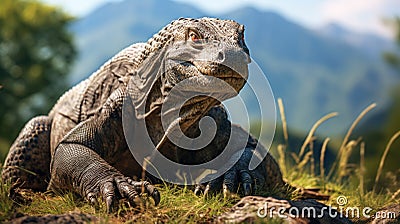 Komodo dragon close-up, portrait of wild monitor lizard in summer. Big reptile with claws like dinosaur on mountain background. Stock Photo