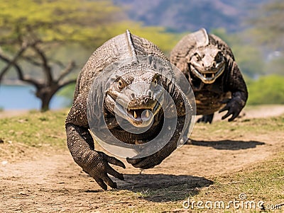 Komodo Dragons Run For Food Cartoon Illustration