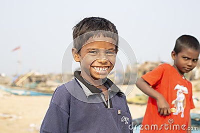 Konark Odisha India -Dec 04 2018 - Unidentified Portrait of smiling boy going to school. Nolia Sahi,Chandrabhaga,Konark Editorial Stock Photo