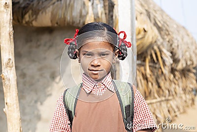 Konark Odisha India -Dec 04 2018 - Unidentified Portrait of smiling school Tribal girl going to school. Nolia Sahi,Chandrabhaga, Editorial Stock Photo