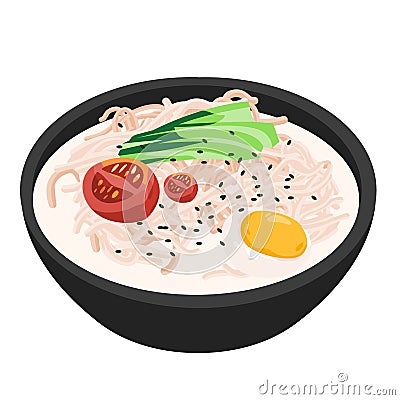 Kongguksu korean food dishes traditional rice noodle with white soy milk egg and vegetable in a bowl illustration Cartoon Illustration