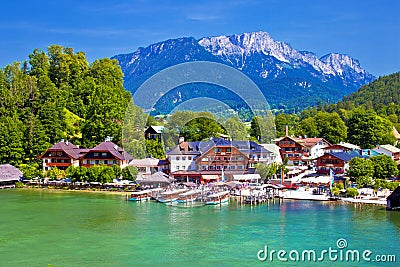 Konigssee Alpine lake wooden village coastline view Stock Photo