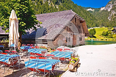 Konigssee coast Bavarian Alpine landscape and old wooden architecture view Stock Photo