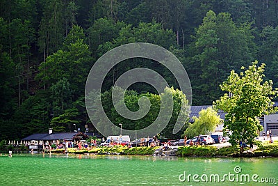 KONIGSSEE LAKE, SCHONAU AM KONIGSSEE, AUGUST 06, 2019: The shore of Konigssee Lake.e Editorial Stock Photo