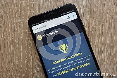 Primecoin XPM cryptocurrency website displayed on a modern smartphone Editorial Stock Photo