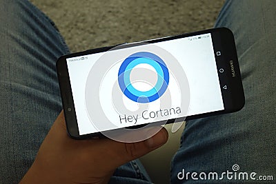 KONSKIE, POLAND - June 29, 2019: Cortana virtual assistant logo on mobile phone Editorial Stock Photo