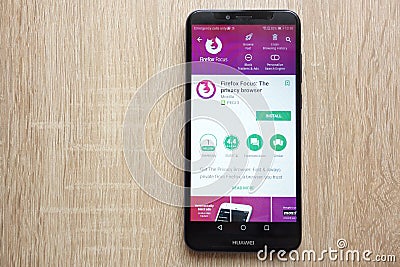 Firefox Focus: The privacy browser app on Google Play Store website displayed on Huawei Y6 2018 smartphone Editorial Stock Photo