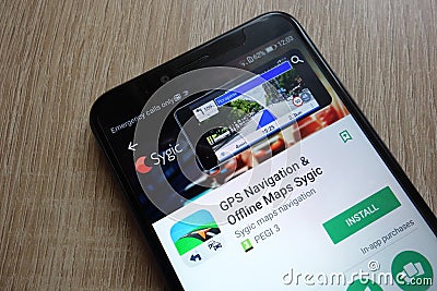 GPS Navigation and Offline Maps Sygic app on Google Play Store website displayed on Huawei Y6 2018 smartphone Editorial Stock Photo