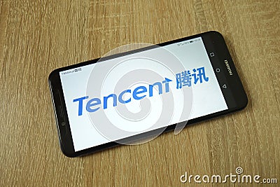 KONSKIE, POLAND - June 11, 2019: Tencent Holdings Limited conglomerate logo on mobile phone Editorial Stock Photo