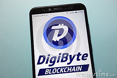 DigiByte DGB cryptocurrency logo displayed on smartphone Editorial Stock Photo